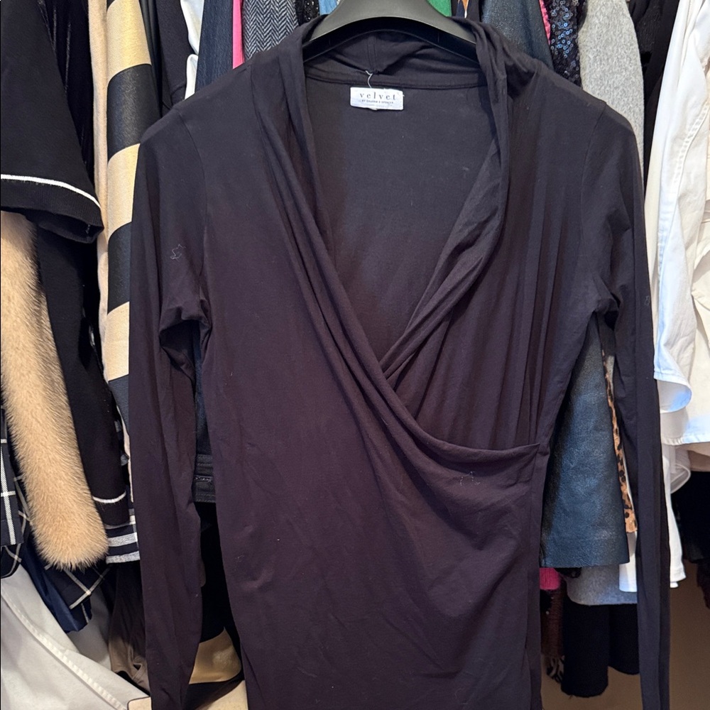 Velvet Black Wrap-Front Long Sleeve Top